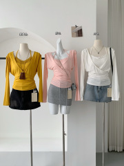 Suuuicee pure hot girl big V-neck waist top lace neck halter vest two-piece set