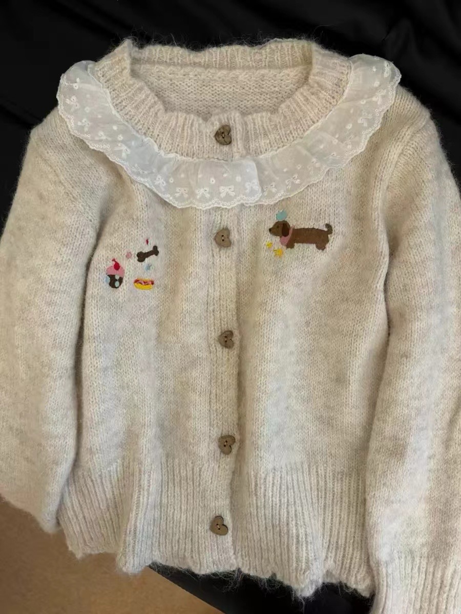 領口拼接花邊開衫毛衣外套女小狗刺繡軟糯甜美百搭日系針織衫上衣