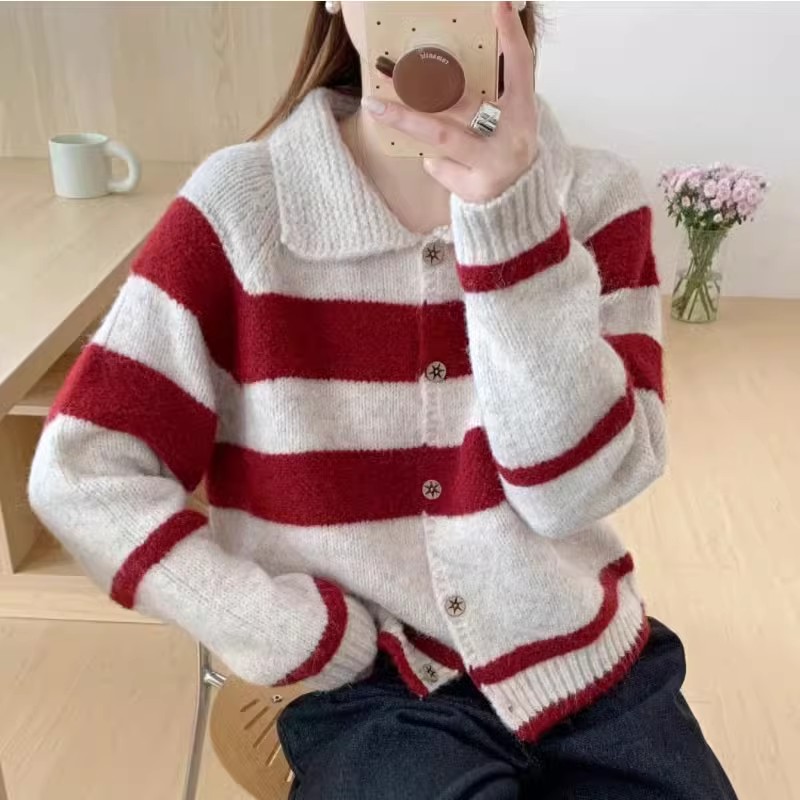 Korean retro contrasting striped lapel sweater cardigan jacket for women in autumn and winter loose lazy style small knitted sweater