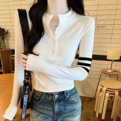 韓系撞色坑條彈力緊身辣妹打底衫墊肩洋氣長袖T恤上衣女