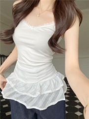 Real shot of ballet style lace collar spliced ​​double-layer ass curtain plaid tulle skirt suspender vest