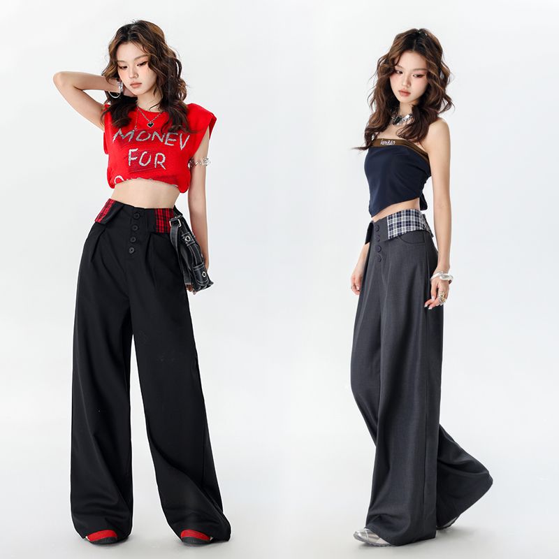 Real shot of 2025 spring fashion trend casual pants for women high waist drooping wide-leg pants