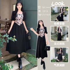 大碼微胖MM顯瘦法式連衣裙國風新中式復古漢元素高級感收腰裙子夏