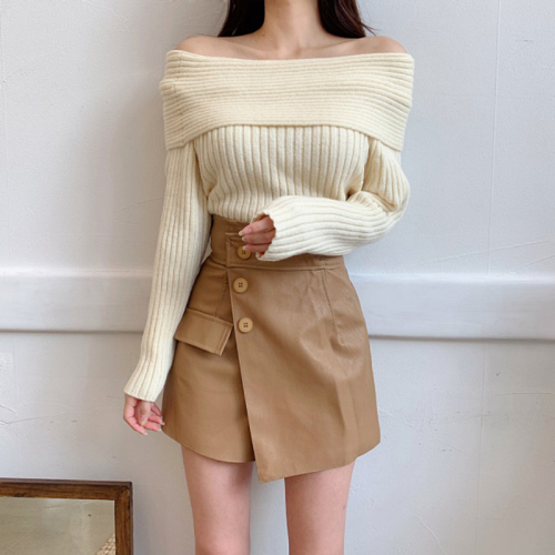 Real photo of one-length solid color off-shoulder sweater annual meeting dress Japanese and Korean pure slim fit sexy pullover sweater women