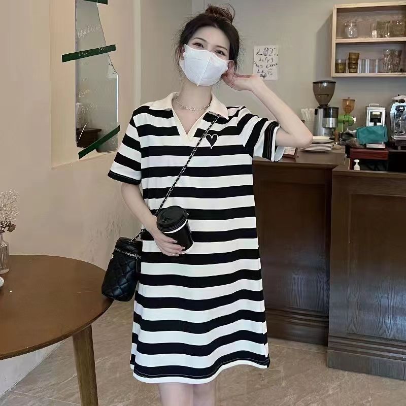 條紋連衣裙女2025新款夏裝寬鬆顯瘦polo領小個子中長款t恤裙