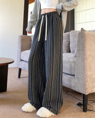 -Real shot of striped pants for women in spring new high-waist casual retro straight-leg slimming wide-leg pants