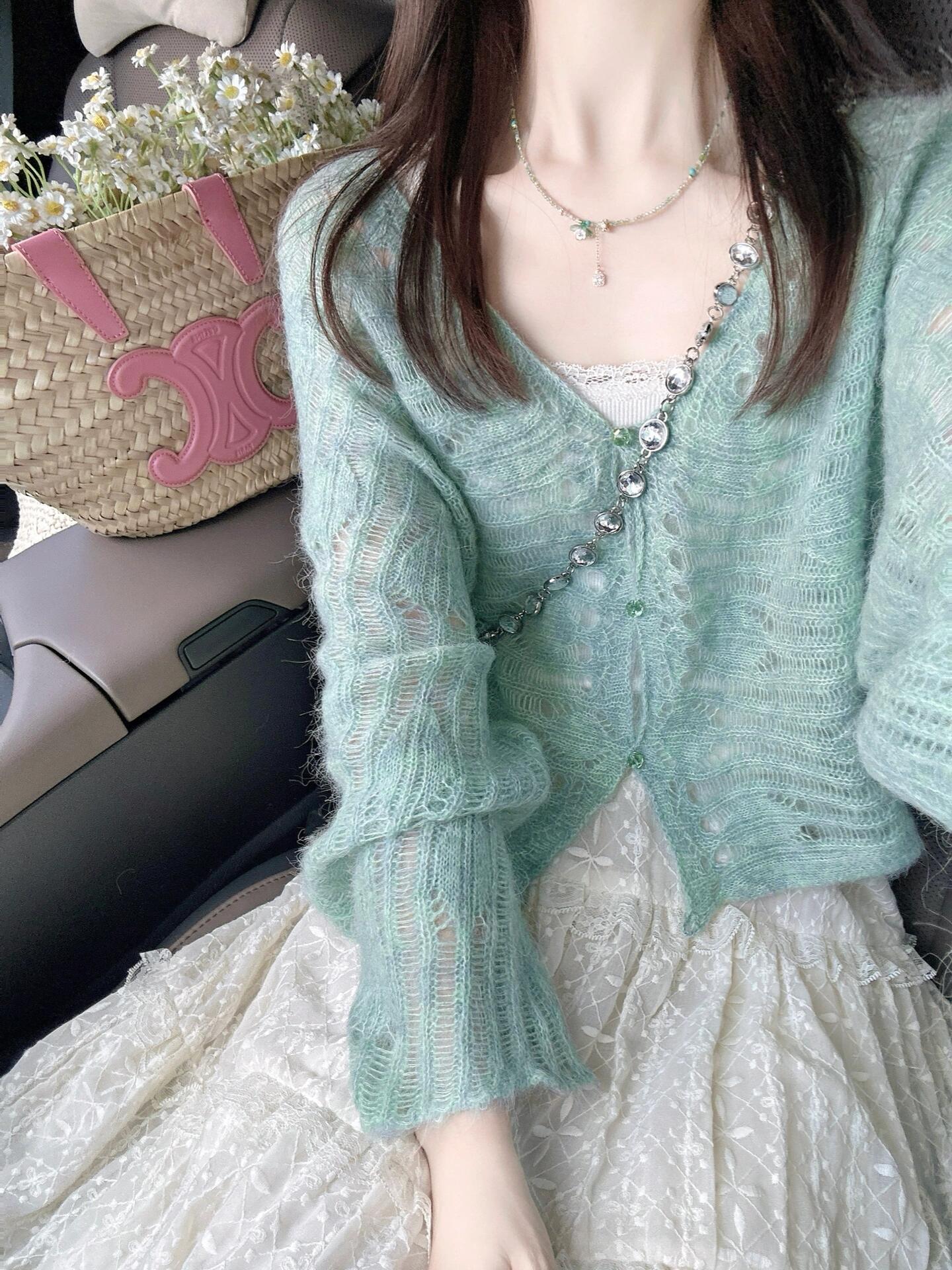 溫柔風綠色針織開衫女春秋款性感辣妹鏤空防曬衫上衣慵懶百搭毛衣