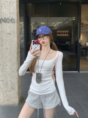 Real shot of spring Korean style slim square neckline temperament fish bones slim and versatile long-sleeved T-shirt top for women