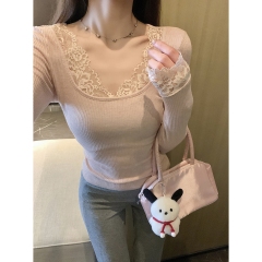 Real shot of 2025 Chunchun Yuu Square Neck Lace Spliced ​​Slim and Gentle Long Sleeve Base Shirt T-shirt Top