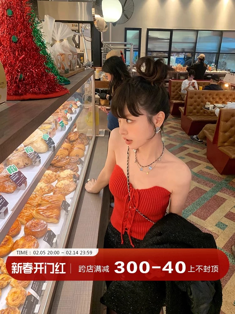 DULA好好家 辣妹紅色針織抹胸女早春年新款外穿性感短款上衣