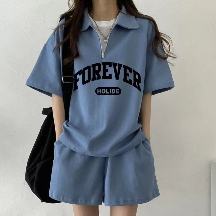 新款少女顯瘦休閒圓領網紅短袖短褲兩件套字母日系運動服套裝女