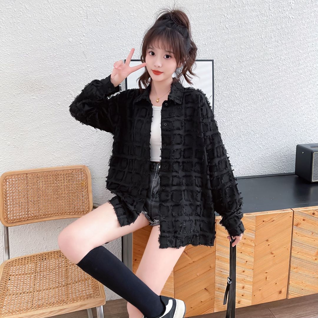 實拍2025春夏季質量防曬衣中長款襯衫格子流蘇外套女