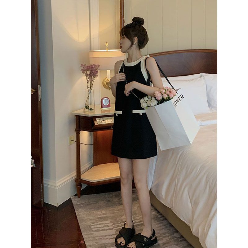 小香風無袖掛脖背後系帶a字連衣裙春夏女氣質小眾設計小個子裙子