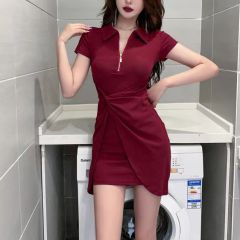 夏裝氣質收腰設計感遮肚子顯瘦連衣裙修身遮肉別致性感POLO包臀裙