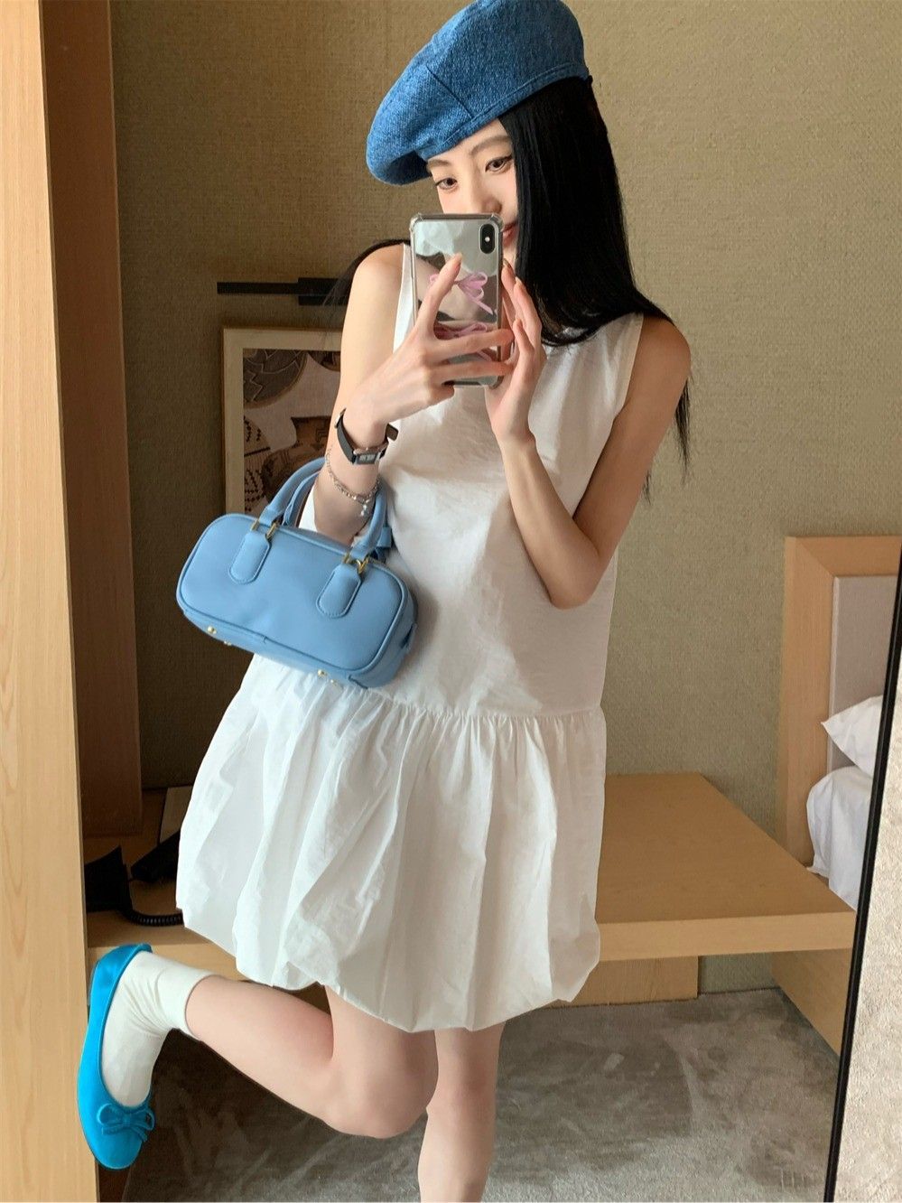 韓系白色無袖背心連衣裙女夏季溫柔風氣質裙子小個子寬鬆花苞短裙