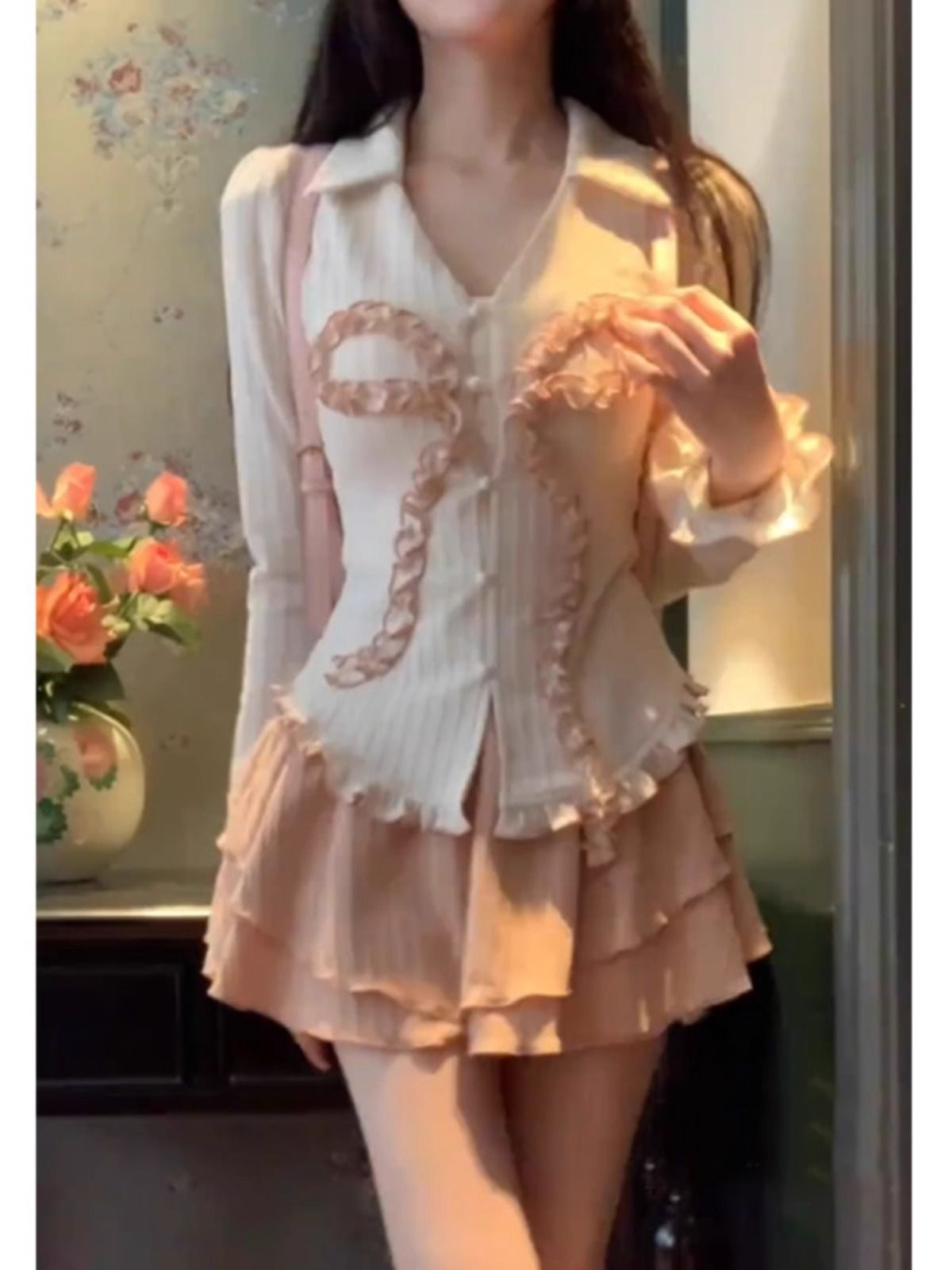 純欲風辣妹套裝女2025春季新款可愛甜美蕾絲蝴蝶結上衣高腰半身裙