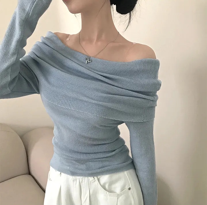 Korean chic spring design sense one-shoulder knitted top for women slim pure shoulder-length sleeves bottoming shirt