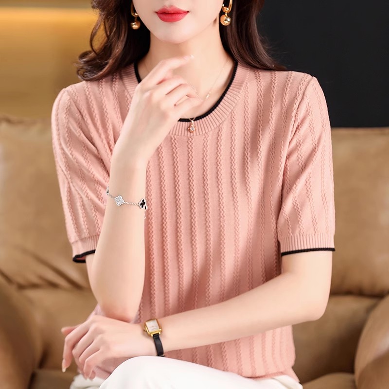 Ice Silk Women's Short Sleeve T-shirt Round Neck 2025 Summer New Tennis Loose Slim and Versatile Wave Knitted Top