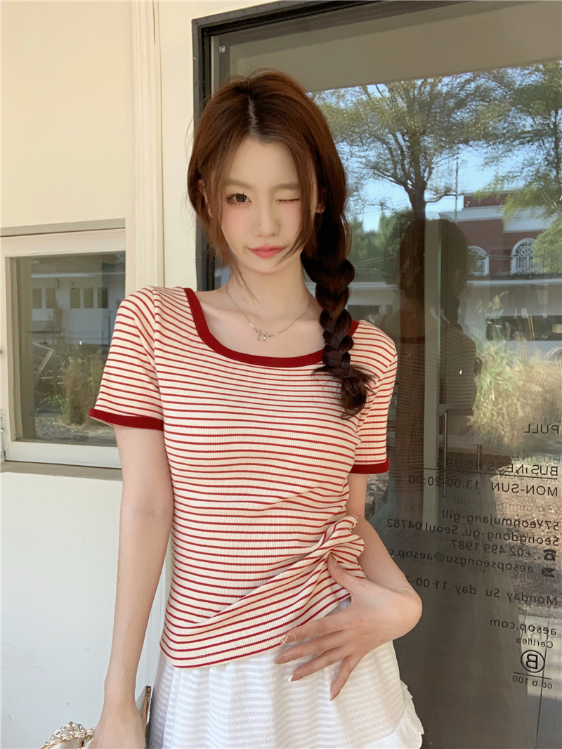 Real shot~ Korean version contrasting striped square collar versatile short-sleeved T-shirt top