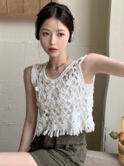夏裝復古刺花針織衫馬甲背心罩衫無袖V領馬甲上衣女