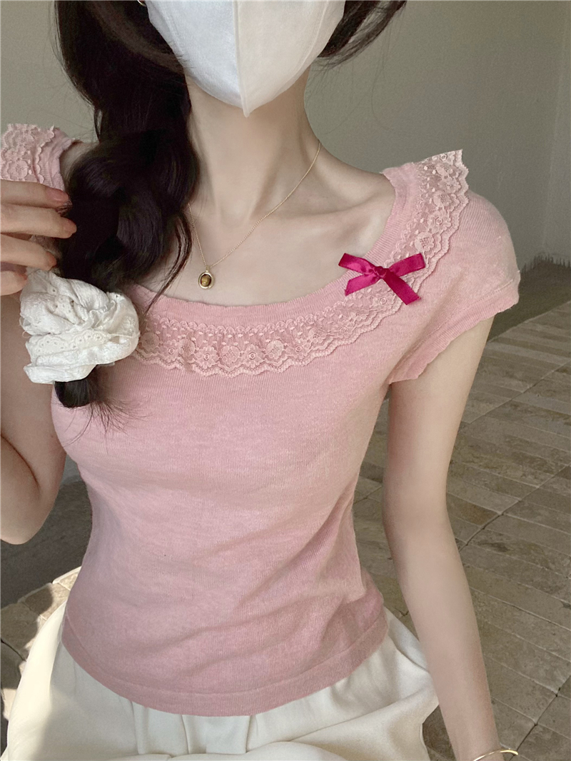 Real shot, cute feast, French style full-hair water-soluble lace top