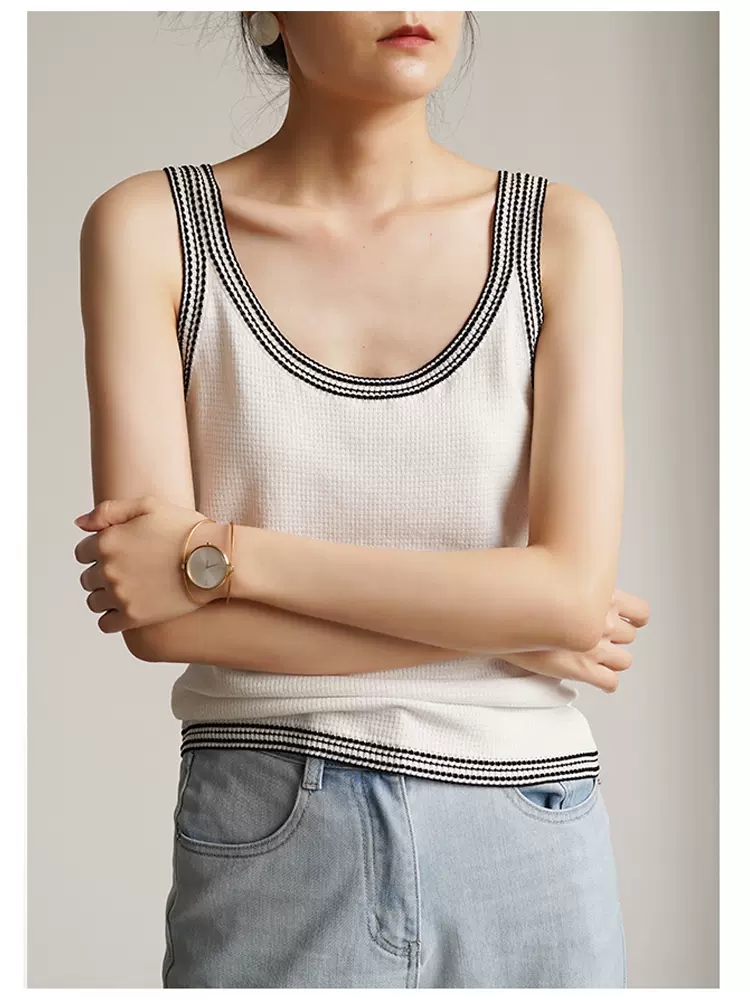 French acetic acid yarn skin-friendly small fragrance style contrast vest suspender women's summer high-end design niche and chic top