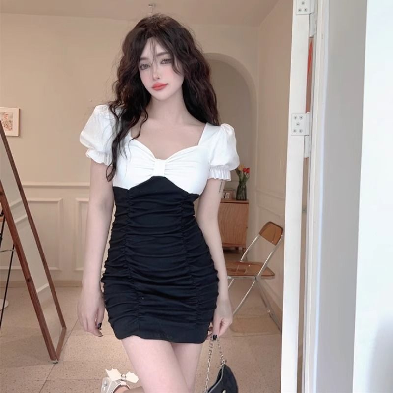 性感低胸顯瘦足浴技師工作服辣妹撞色V領短袖包臀連衣裙女
