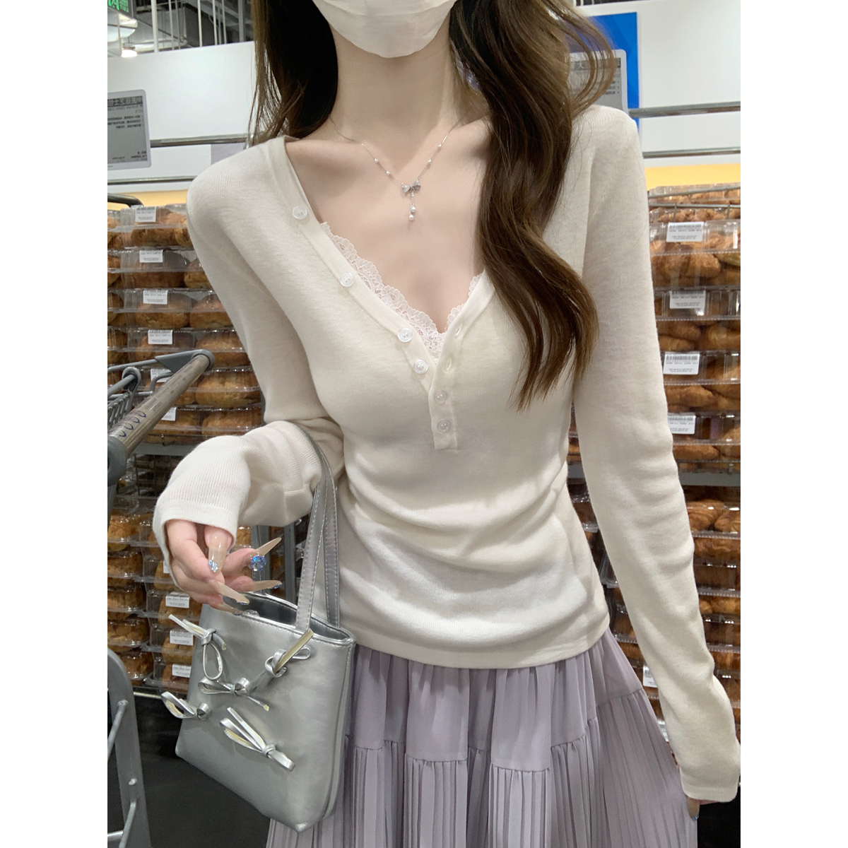 Real shot of spring Korean version of V-neck half-open button pure and gentle 6 wool sweater long-sleeved base top