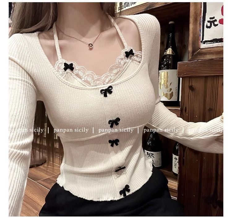 Threaded German velvet 2x2 fake two-piece lace halter neck shirt for women early autumn chic sweet hot girl bow top