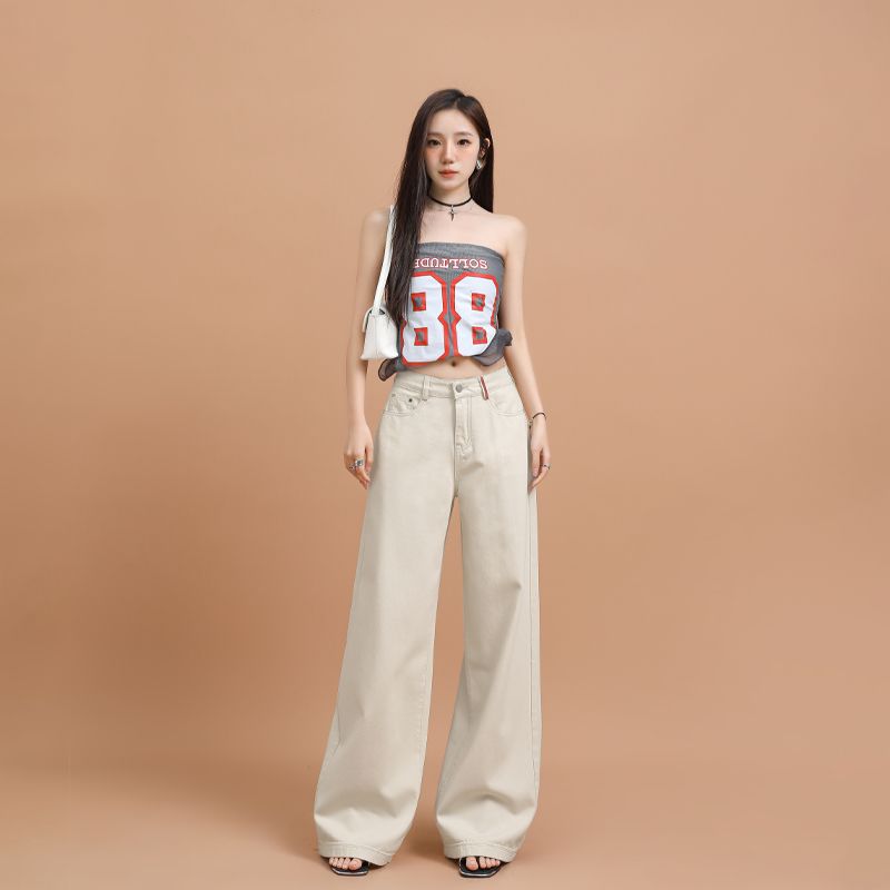 Real shot of 2025 spring high-end super soft lacermi apricot trousers and webbing floor jeans