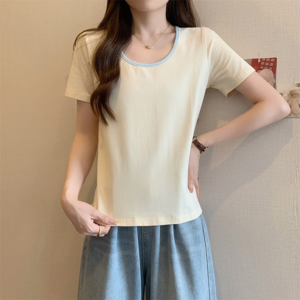 Real photo 40 pure cotton 210g 92 cotton/8 spandex 2025 summer short-sleeved T-shirt for women contrasting colors