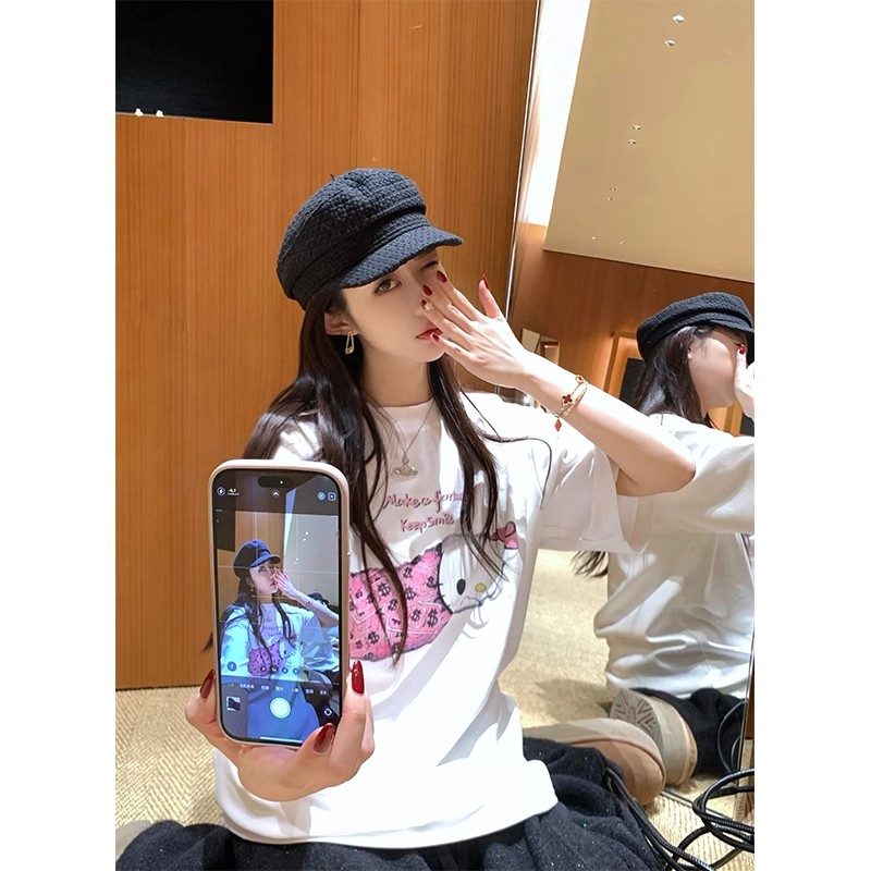220g pure cotton American cartoon printed short-sleeved T-shirt for women in summer sweet girl loose round neck top