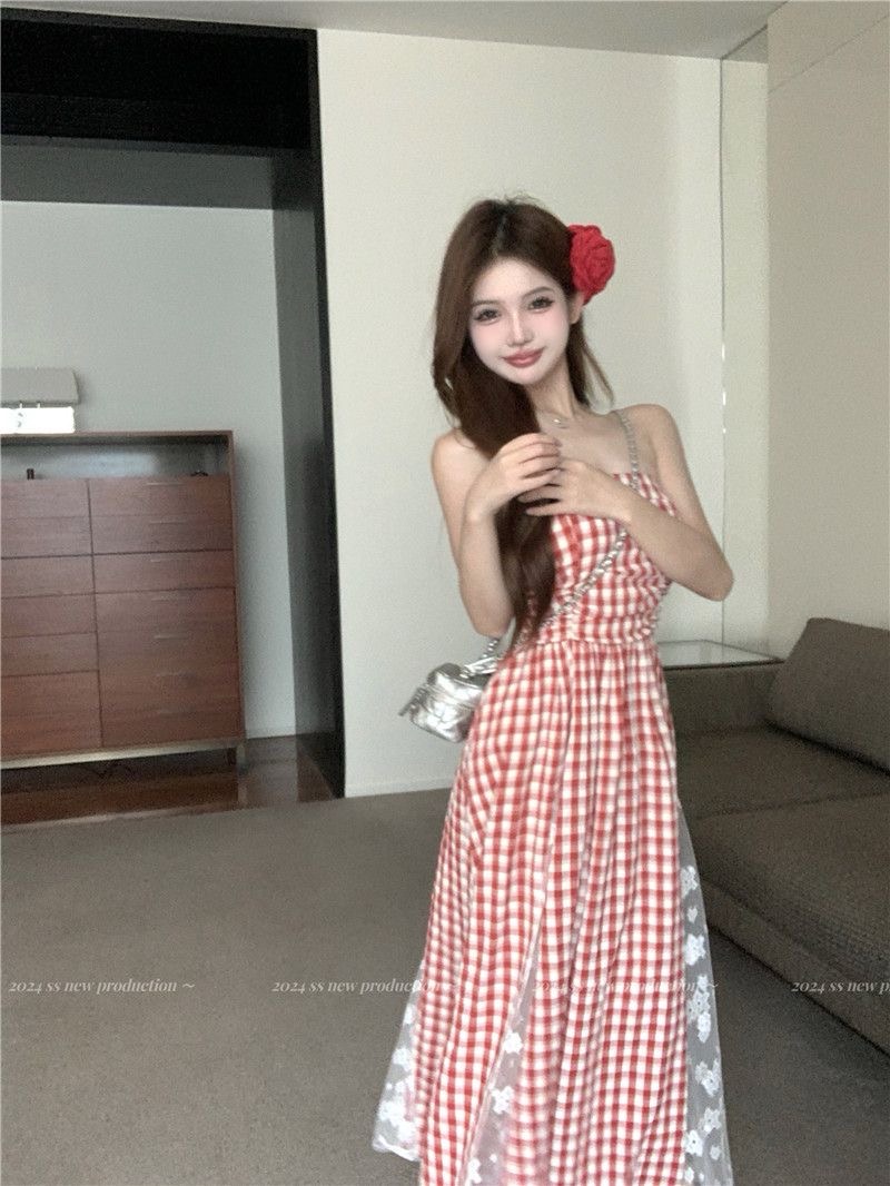 French holiday plaid lace splicing heavy-duty strapless dress summer temperament waist-hugging and slimming high-end long skirt