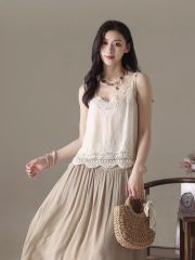 2025 Fashion Spring and Summer Hollow Lace Lace Cotton Sling Base Vest Women's Literary Sleeveless Underwear Top