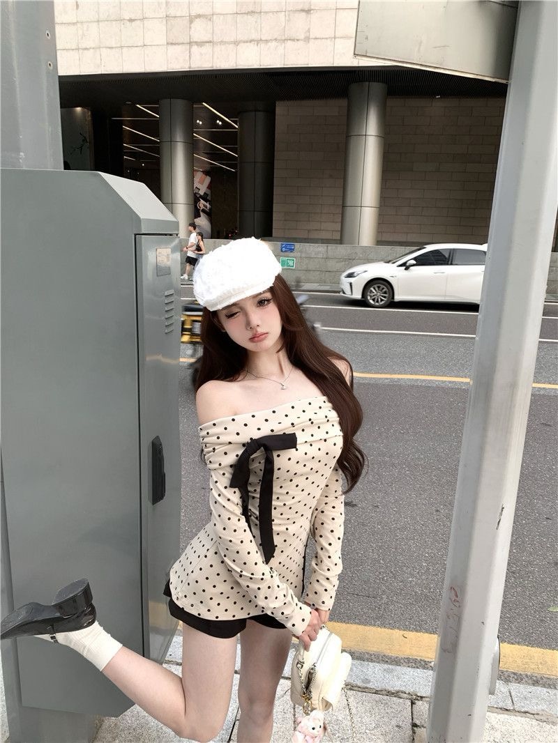 260g men's cotton + bow, one-shoulder bow, sweet, slim and slim design, off-shoulder top