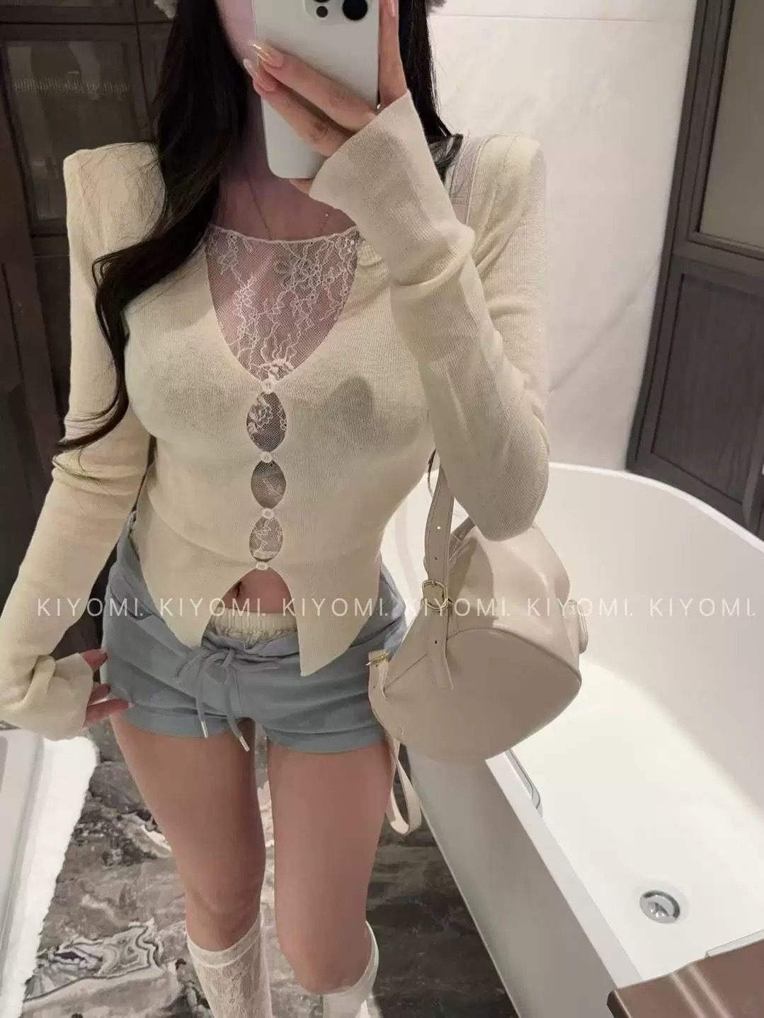 KIYOMI早春純欲甜美辣妹芭蕾風小心機蕾絲拼接假兩件針織衫顯瘦