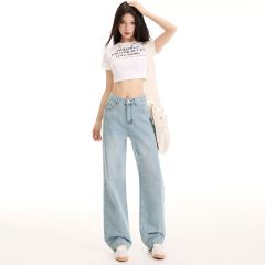 Real shot of 2025 spring fashion super soft hang high waist jeans embroidered pocket design straight wide-leg pants