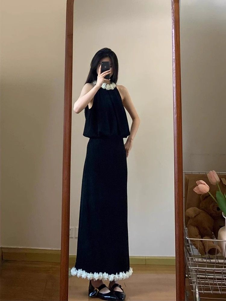 High-end sleeveless dress suit women's vest tops small black half-length skirt two-piece summer
