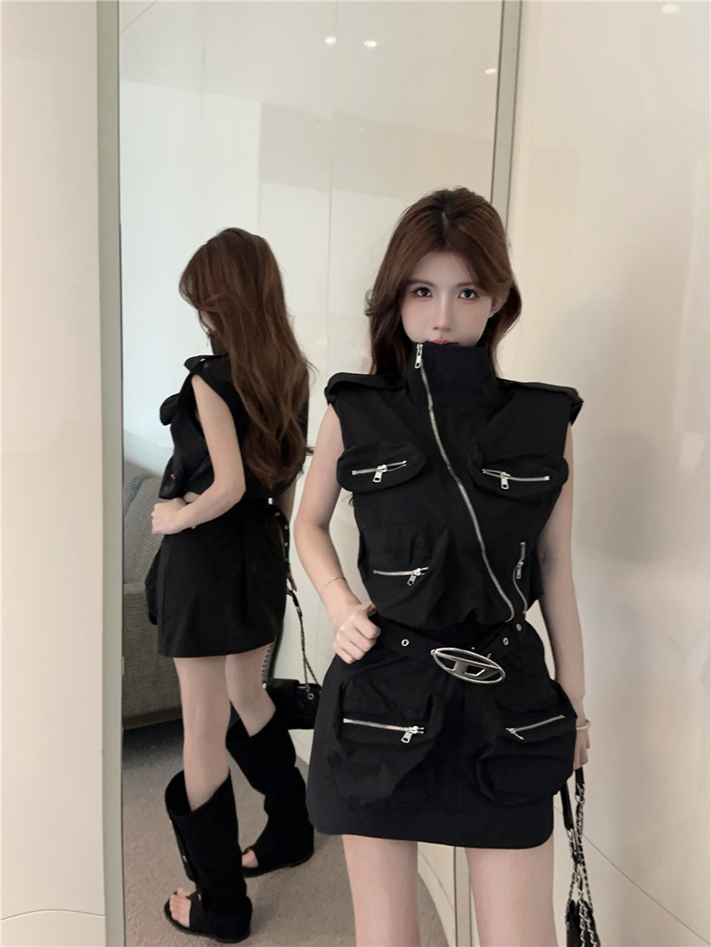 Photographed~ New Heavy Industry Cool Spice Girl Workwear with Multiple Zip Pockets Vests Overalls High-Waisted Short Skirt Set for Women