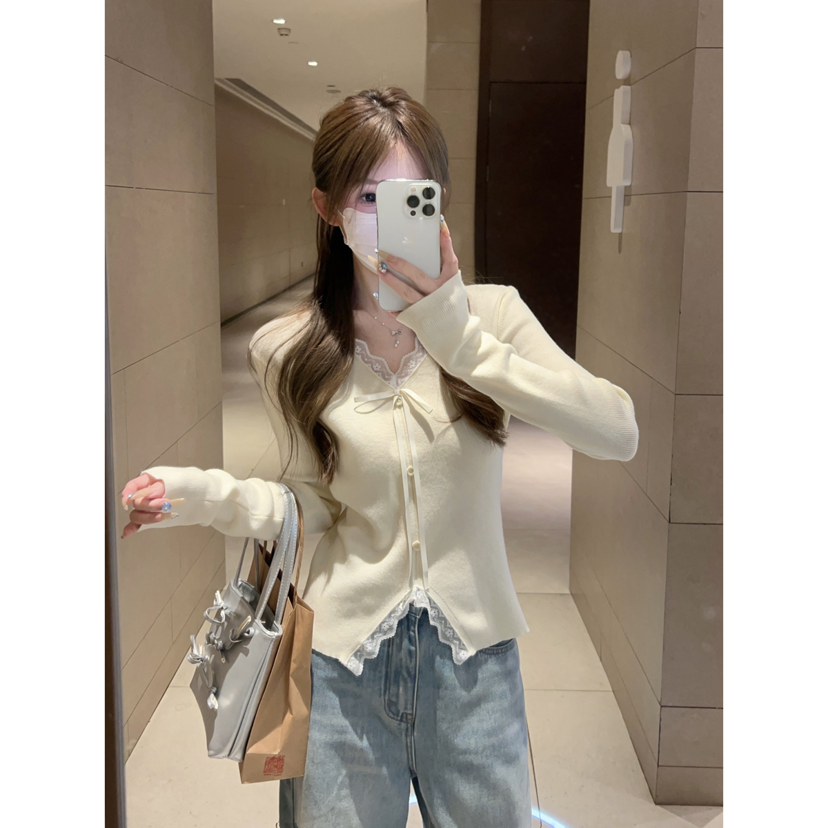 Real shot of spring Korean V-neck lace-side single-breasted gentle strap Andy velvet knit long-sleeved sweater