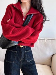 2025 autumn and winter new Korean version loose stand collar design half zipper short zipper sweater for women