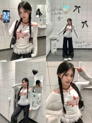 FRGKin 美式復古辣妹一字肩長袖T恤女春夏季新款修身顯瘦打底上衣