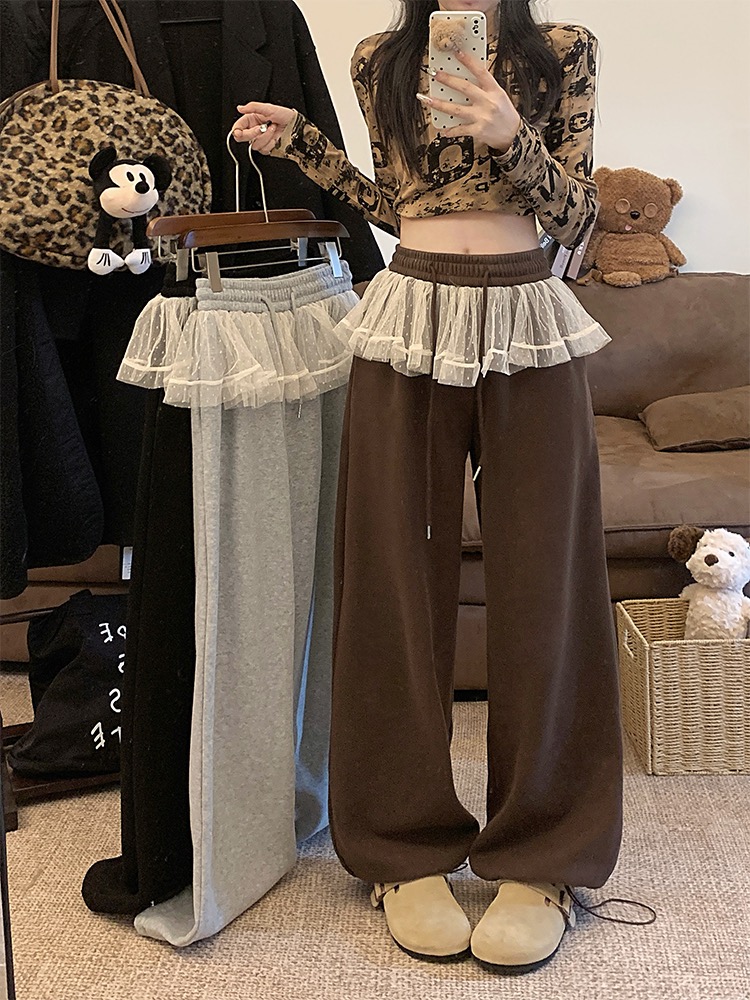 Design-sensing lace spliced ​​ties for women's winter black high-waist drawstring loose wide-leg pants floor-sliding trousers