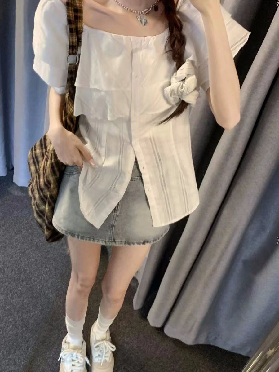 One-shoulder shirt for women in summer slim design niche slit shirt pure hot girl top