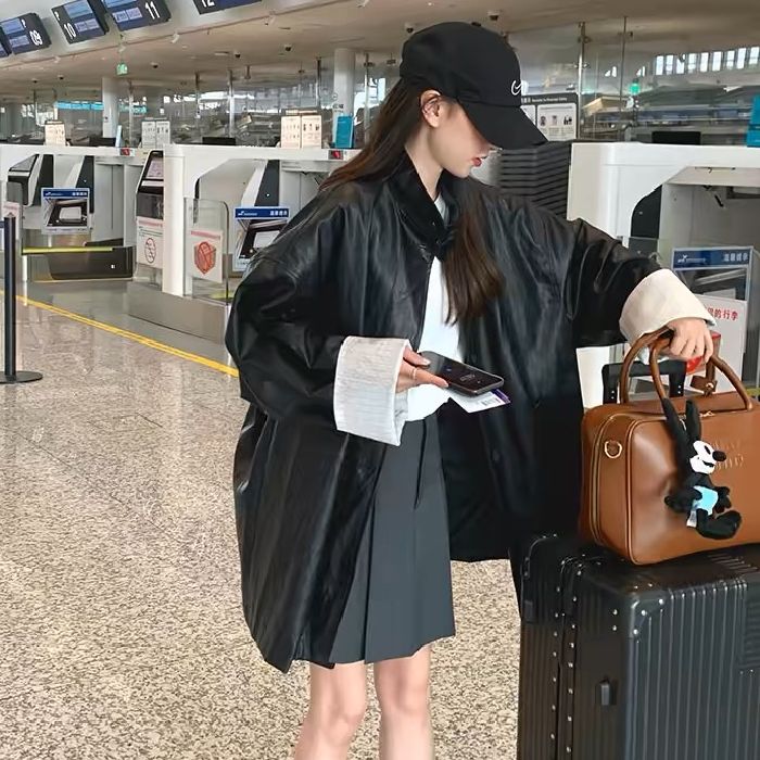 Black Retro Stand Collar Medium-Length Women's Winter Coat 2025 Spring and Autumn New Style High-End Casual Loose PU Windbreaker