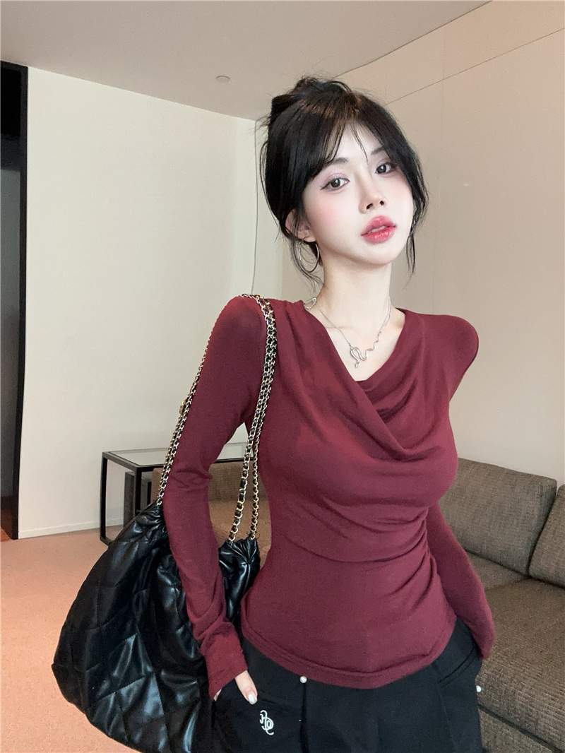 實拍~2025春季新款斜肩盪領美式復古修身洋氣辣妹長袖打底衫