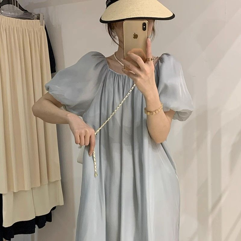 氣質仙氣連衣裙2025夏季新款女裝韓版圓領收腰設計顯瘦通勤長裙子