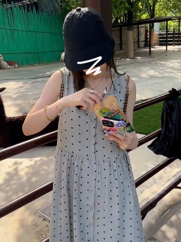 波點無袖背心連衣裙子女夏季2025新款茶歇法式氣質小個子顯瘦長裙