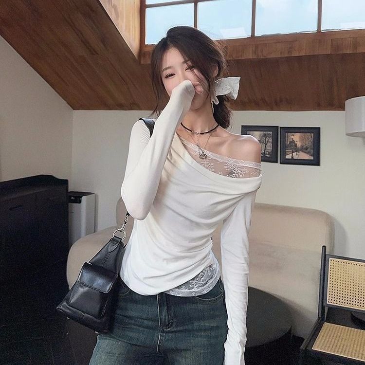 Modal cotton 260 original lace off-shoulder long-sleeved T-shirt women's early autumn hot girl sexy top
