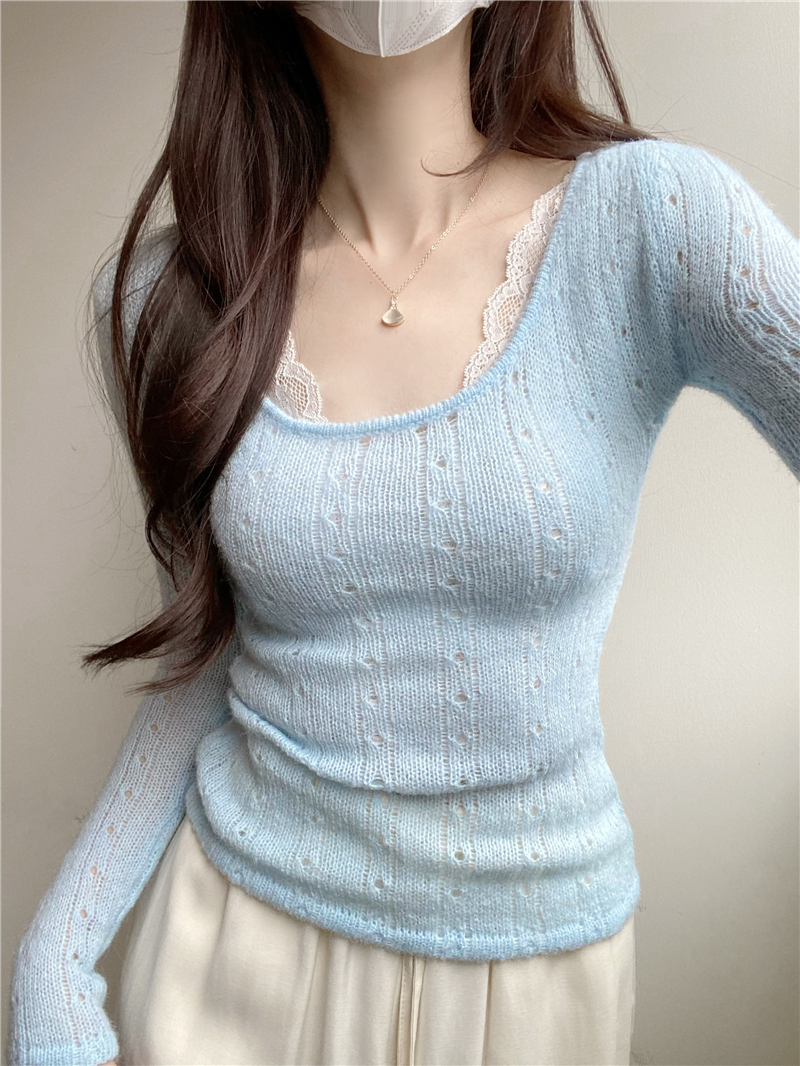 Real shot of lace suspender vest chic hollow sweater layered in spring two-piece set